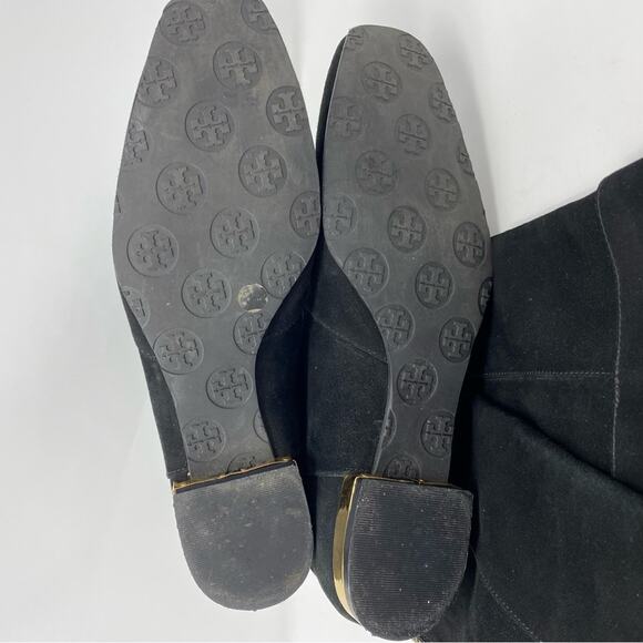Tory Burch Black Suede Knee-High Riding Boots 7.5 Gold Logo Detail - Picture 6 of 9